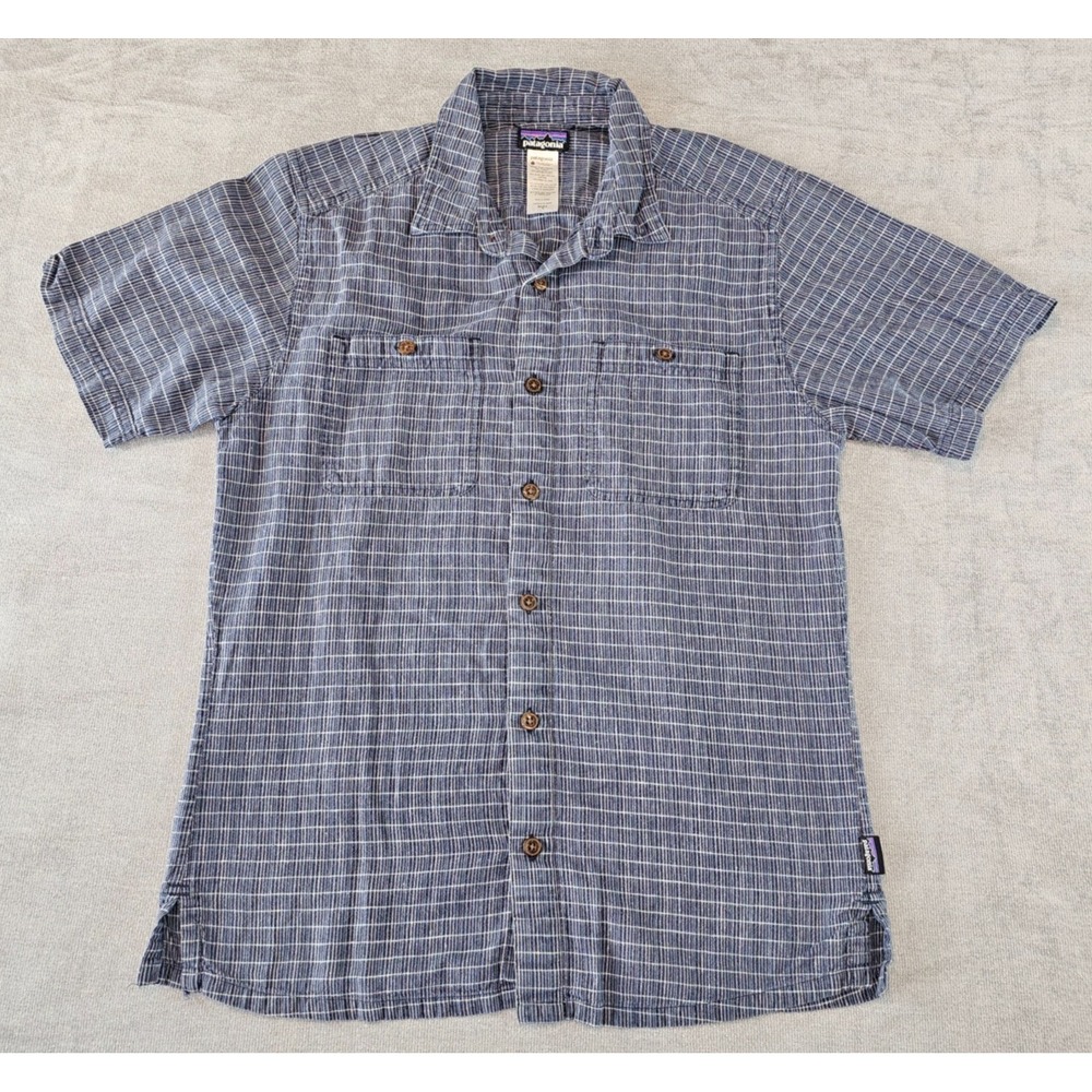 Patagonia Men's Plaid Button-Up Shirt Blue Hemp & Cotton Short Sleeve Size‎ S